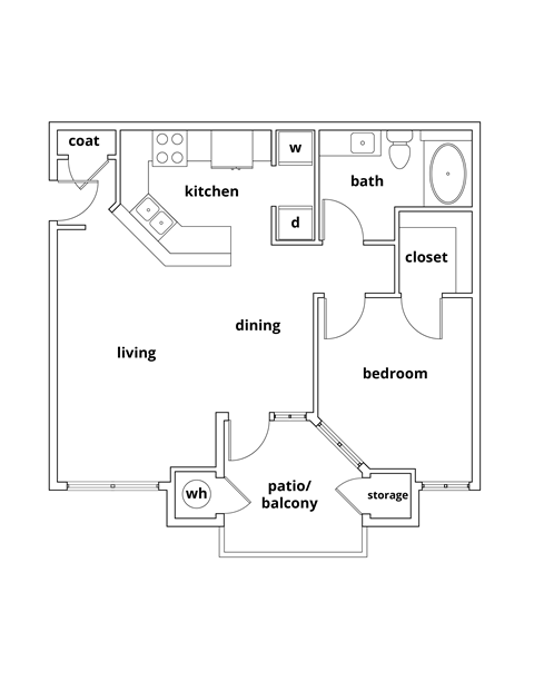 Floor plan for 1 bed, 1 bath, 755 sqft